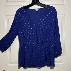 Cato Royal Blue Wrap Blouse with Gold Accents
